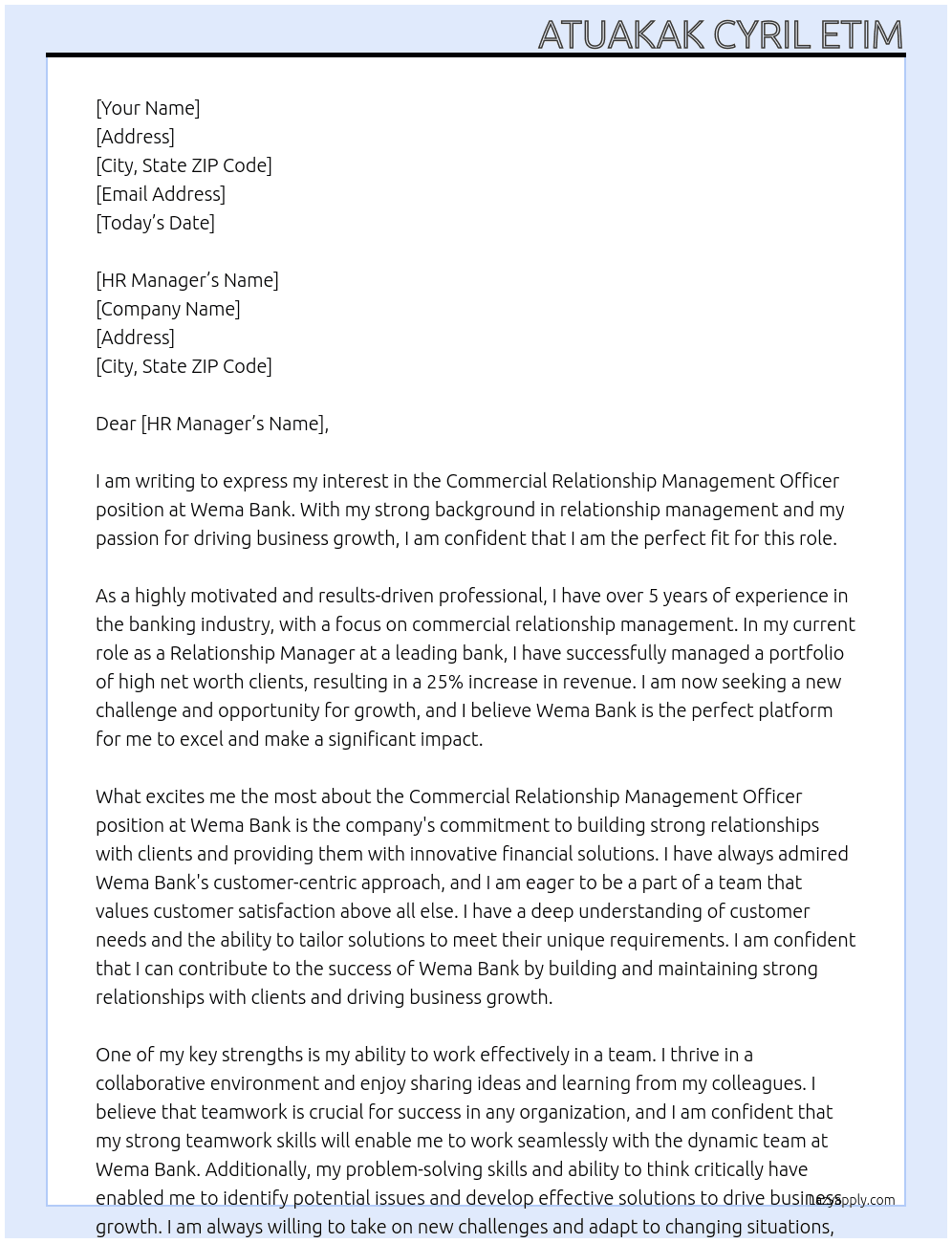 Commercial Relationship Management Officer At Wema Bank Cover Letter