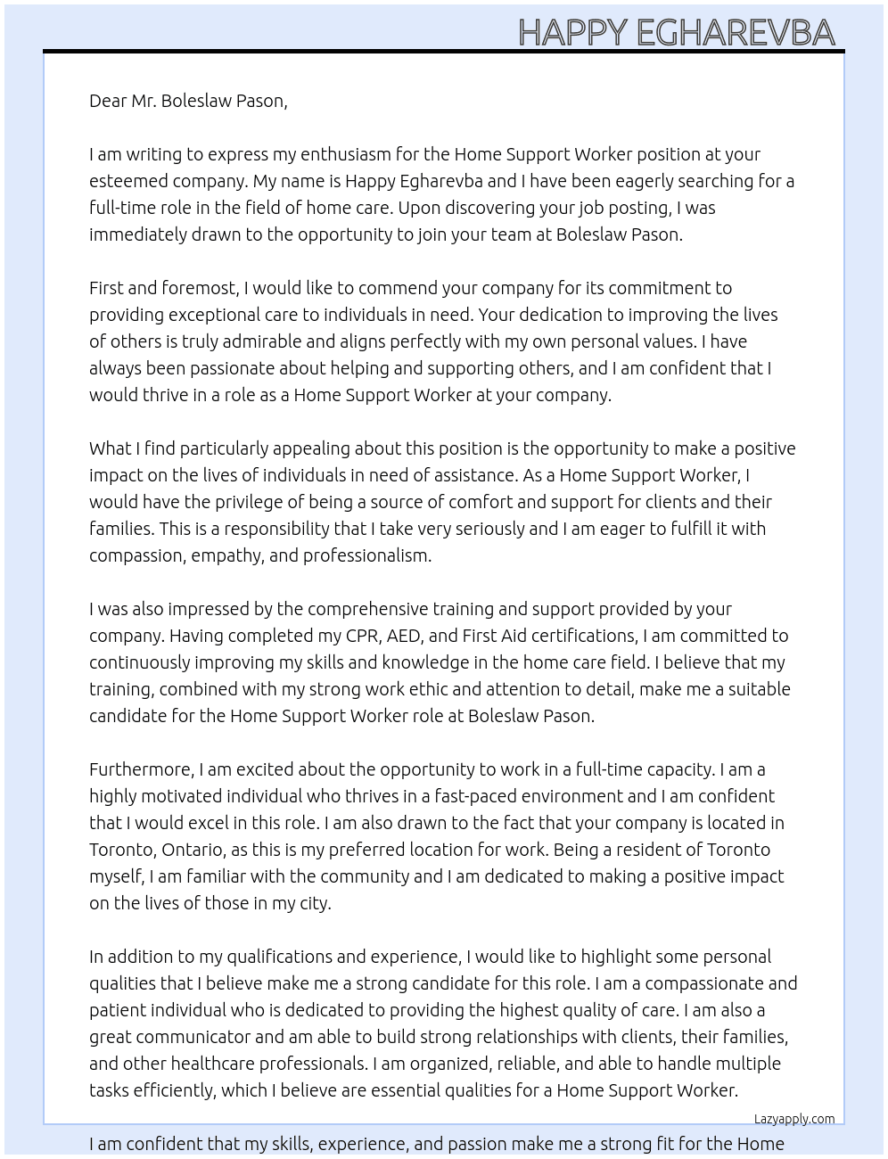 Home support worker  At Boleslaw Pason Cover Letter