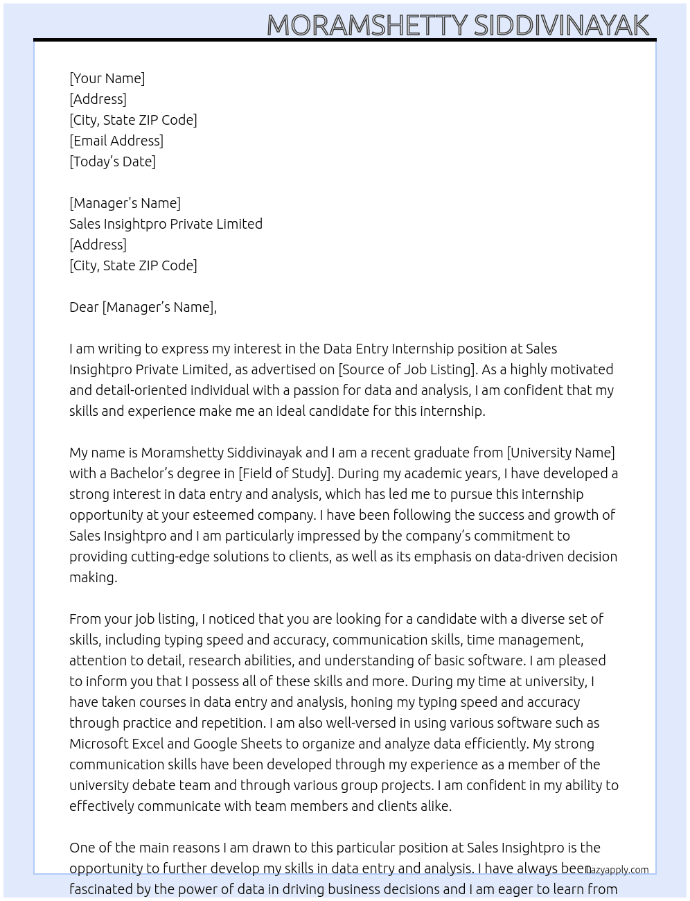 Data entry internship  At Sales insightpro private limited  Cover Letter