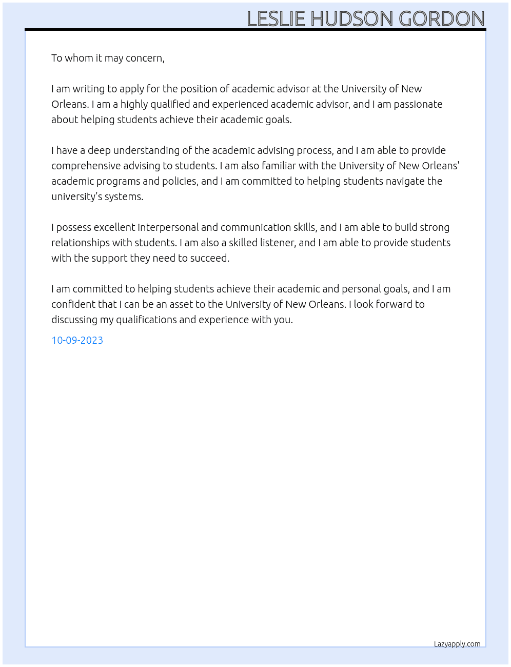 Academic advisor At UNIVERSITY OF NEW ORLANS Cover Letter