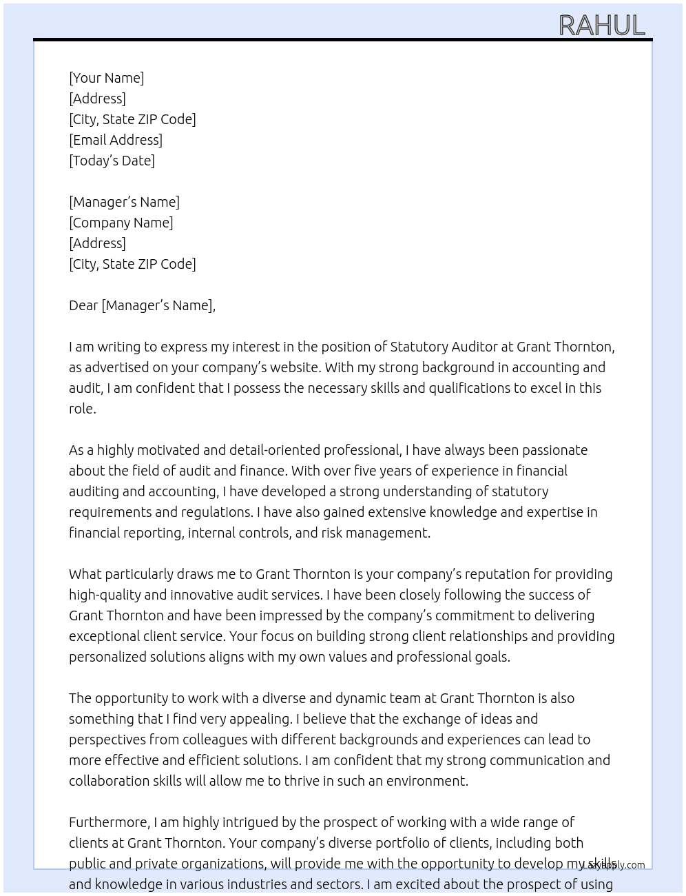 Statutory Auditor At Grant Thornton  Cover Letter