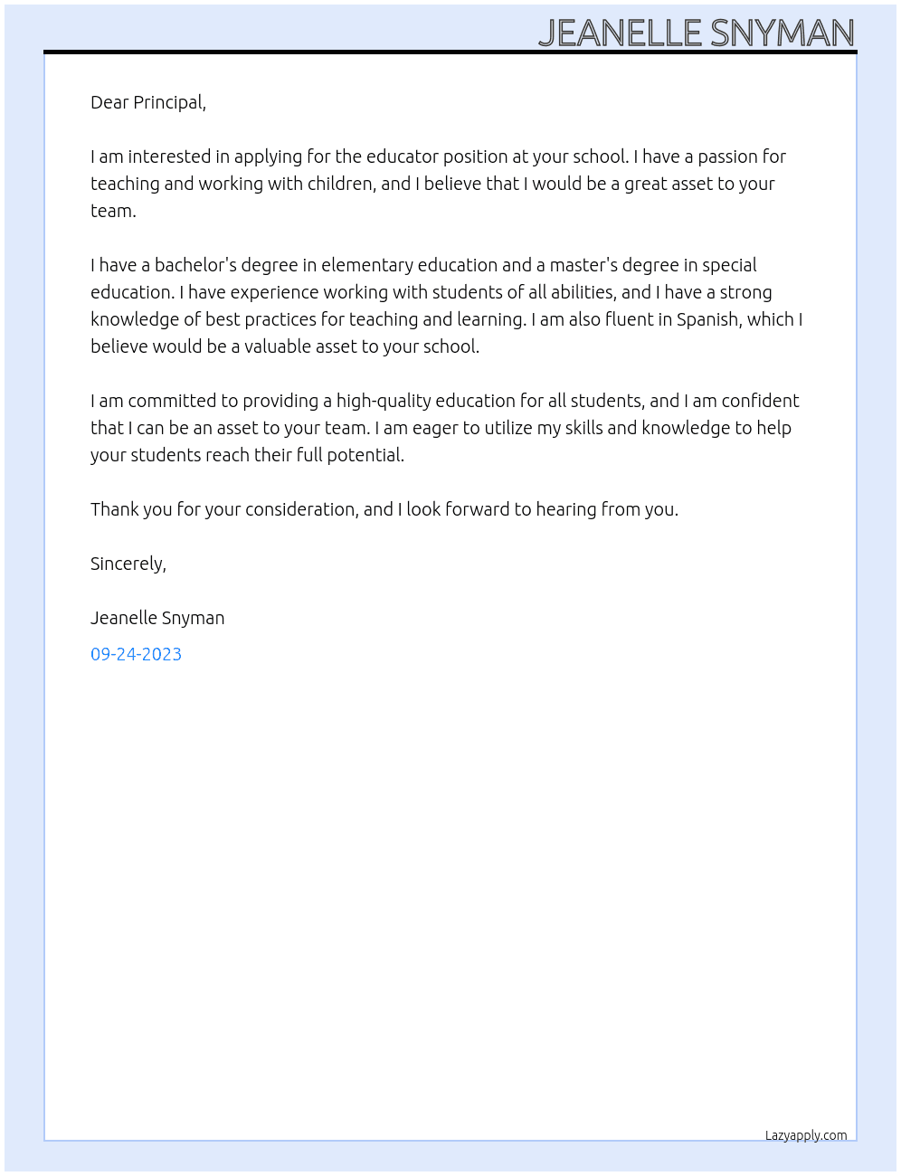 educator  At school Cover Letter