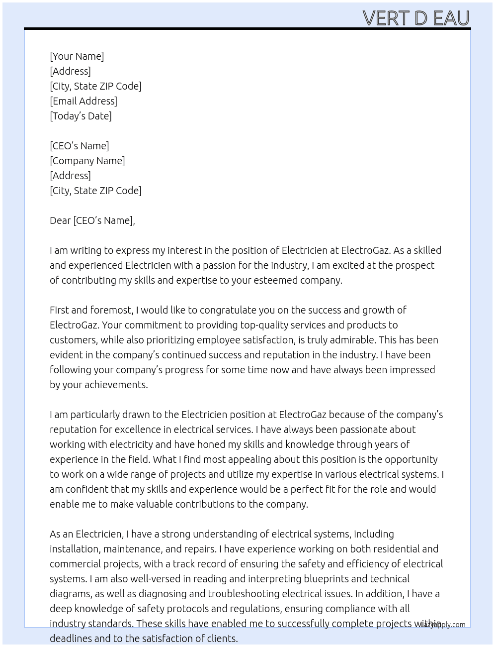 Cover letter for electricien - LazyApply