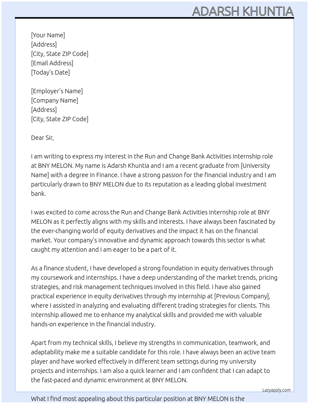 run and change the bank activities At BNY MELON Cover Letter