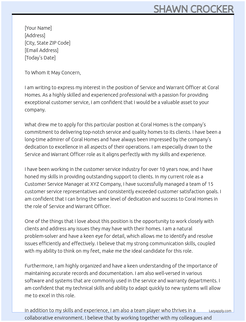 Service and Warrant Officer At Coral Homes Cover Letter