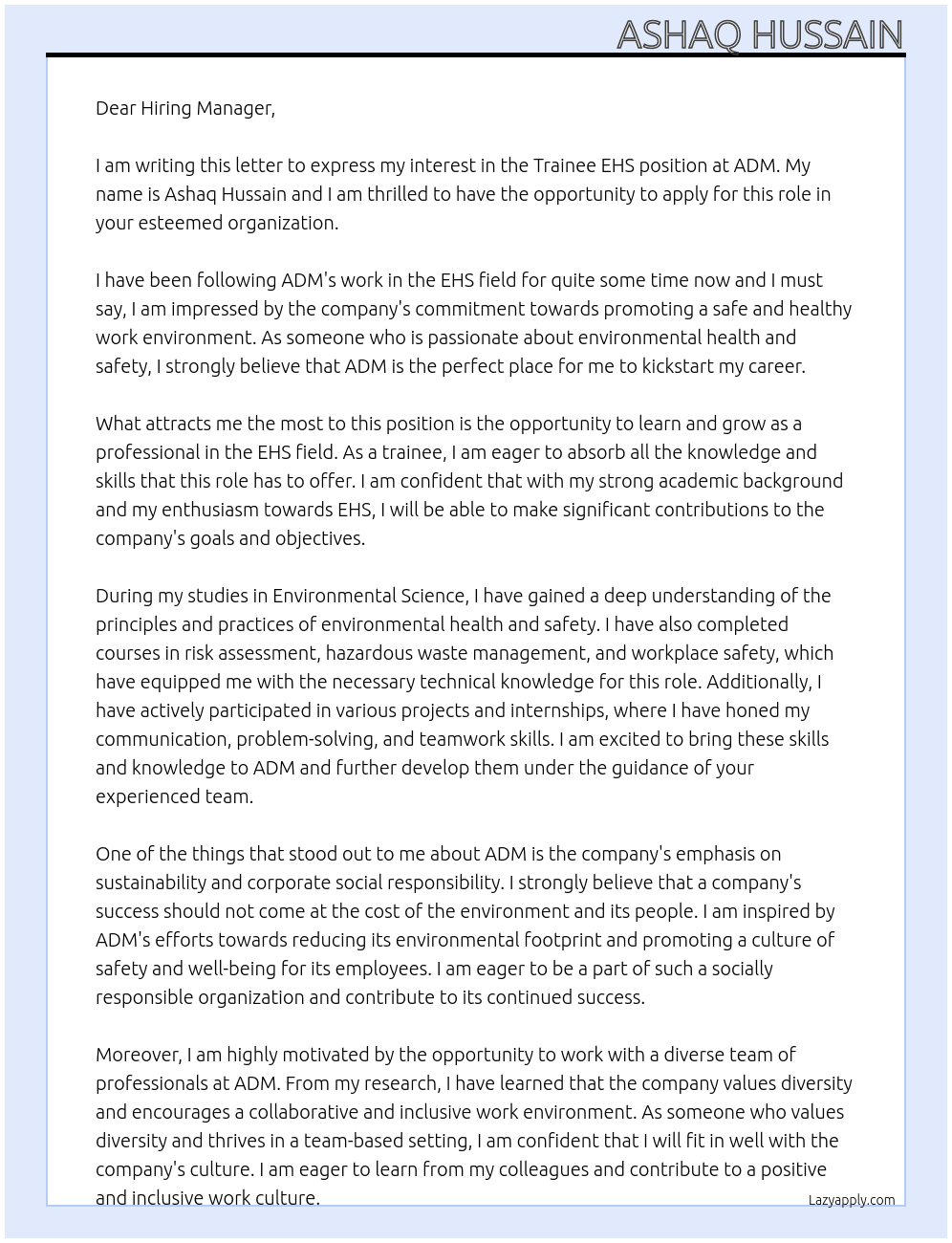 Trainee EHS At ADM Cover Letter