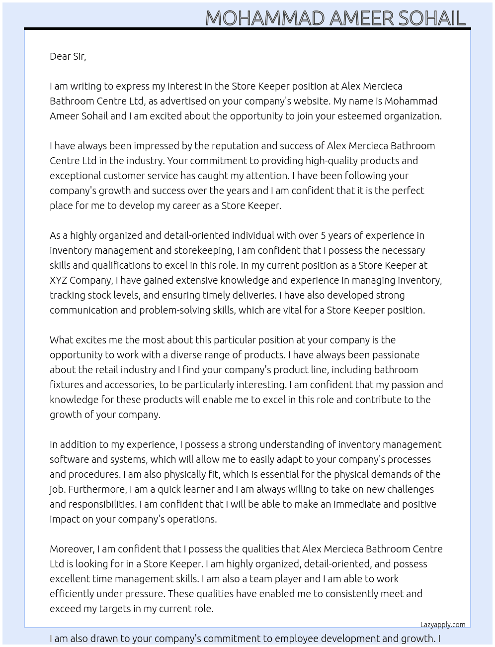 Store keeper  At Alex Mercieca Bathroom Centre Ltd Cover Letter