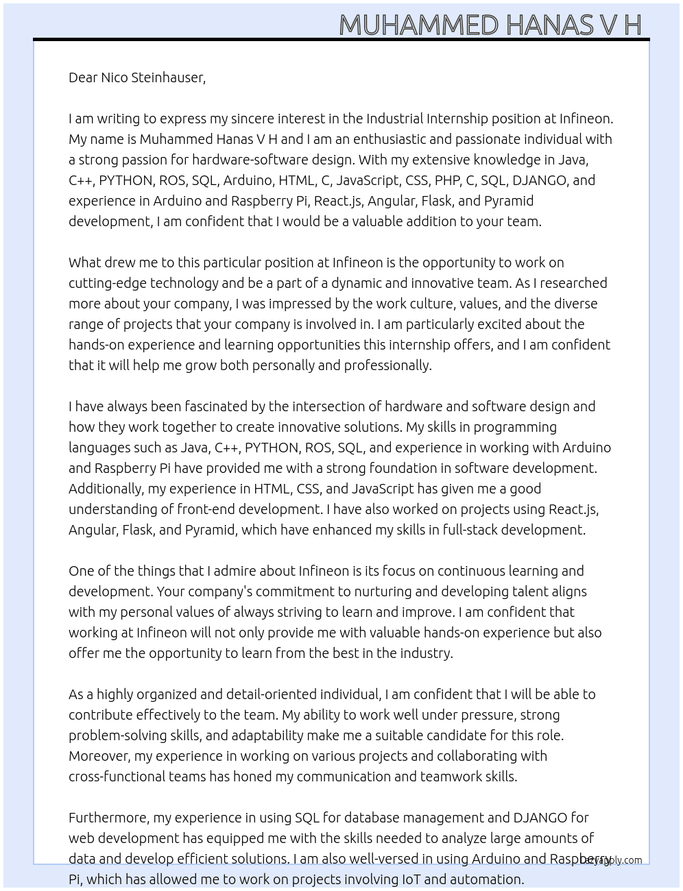 Industrial internship At Infineon Cover Letter