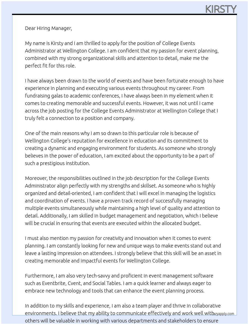 Cover letter for college events administrator - LazyApply