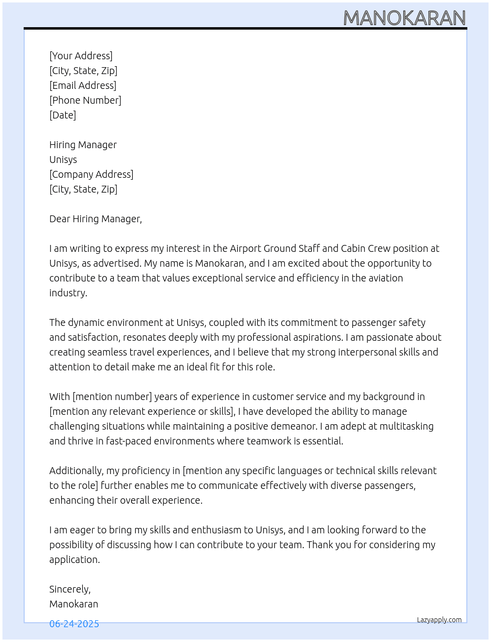  Airport jobs Ground Staff, cabin crew/Airticket At Unisys Cover Letter