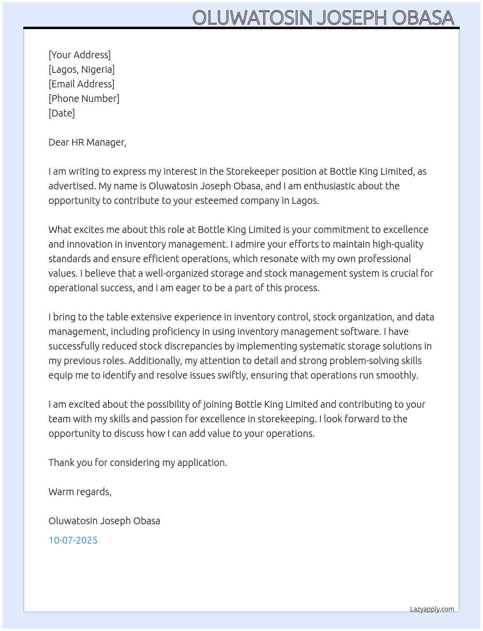 Storekeeper  At Bottle king Limited  Cover Letter
