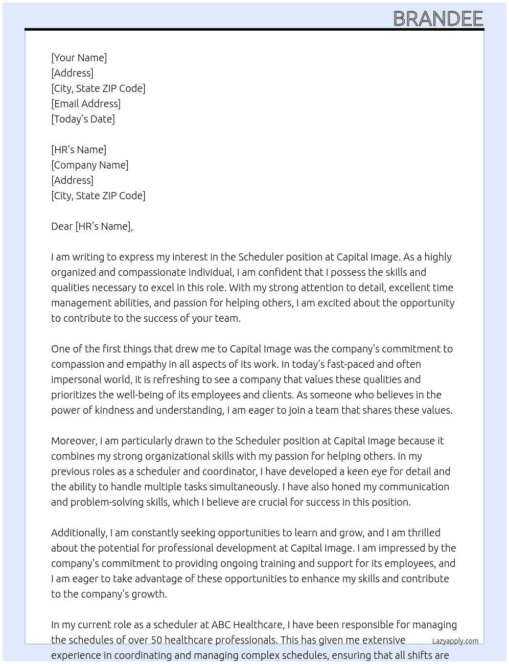 Scheduler  At Capital Image Cover Letter