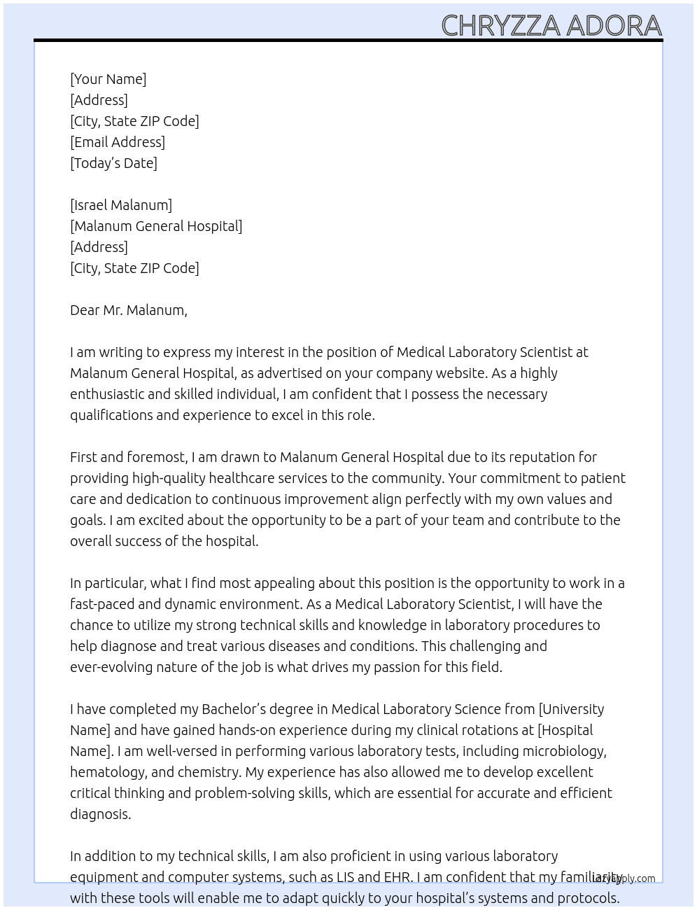 Medical Laboratory Scientist  At Malanum General Hospital Cover Letter