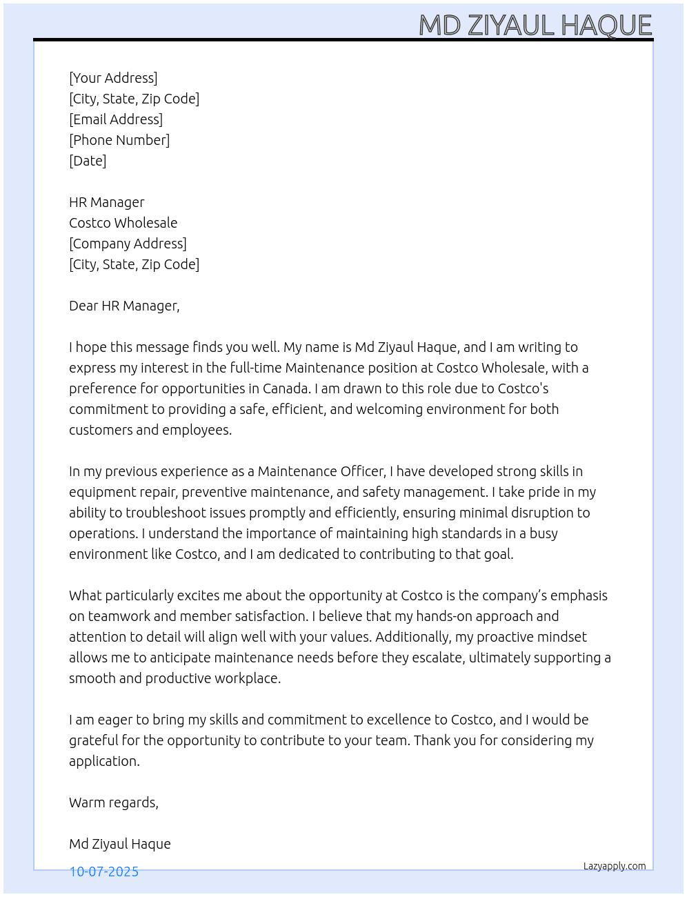 Maintenance  At Costco wholesale  Cover Letter