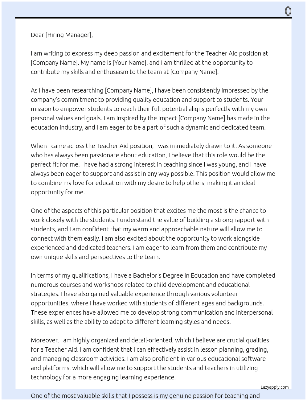 teacher aid At 0 Cover Letter