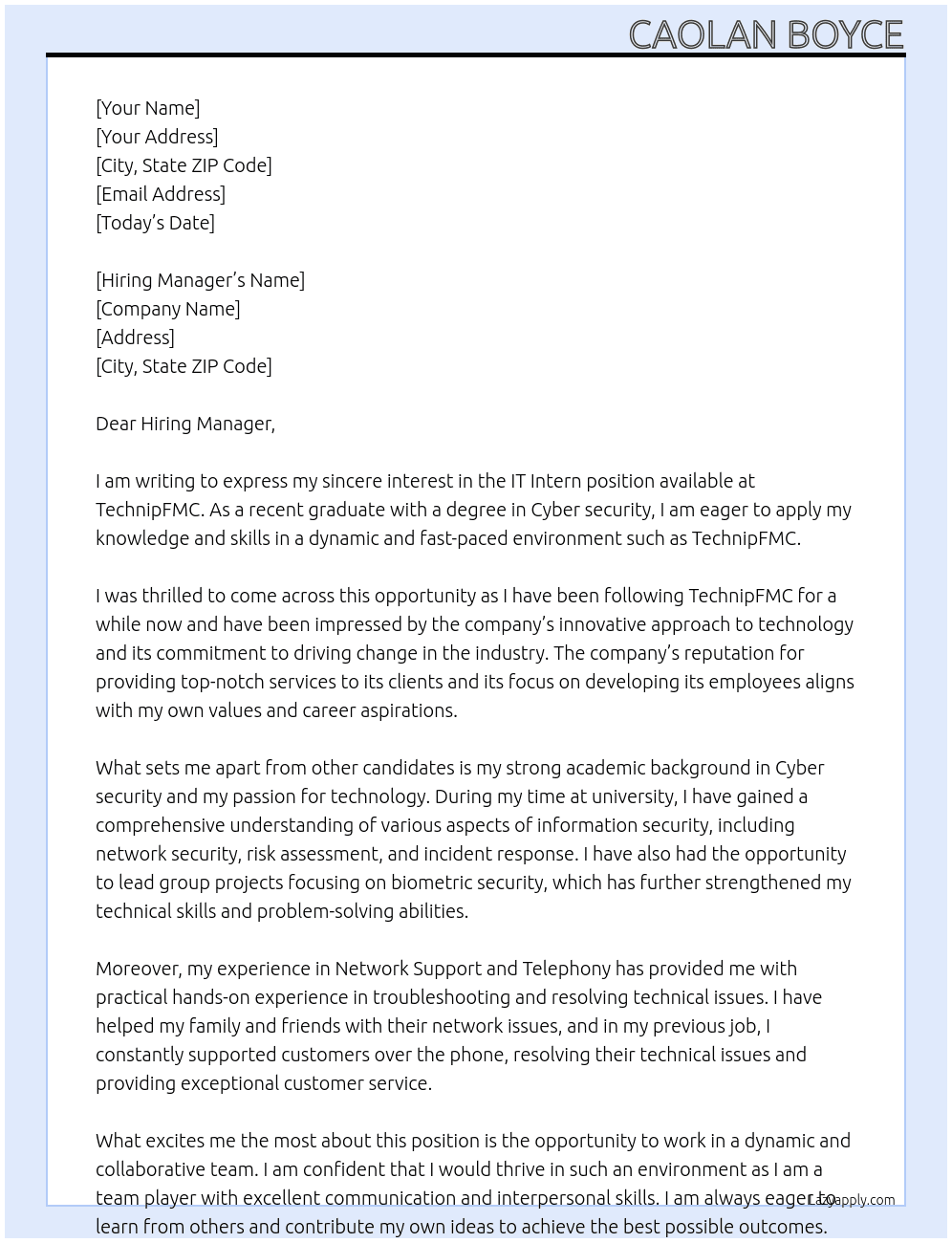 IT Intern At TechnipFMC Cover Letter