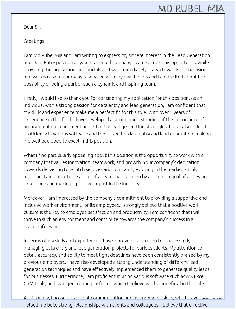 Lead generation  and Deta Entry  At Dear Sir Cover Letter