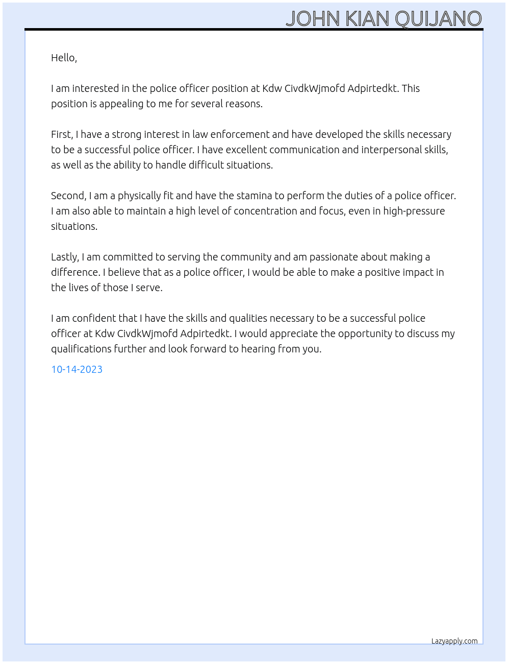 police officer  At Kdw CivdkWjmofd Adpirtedkt. Cover Letter