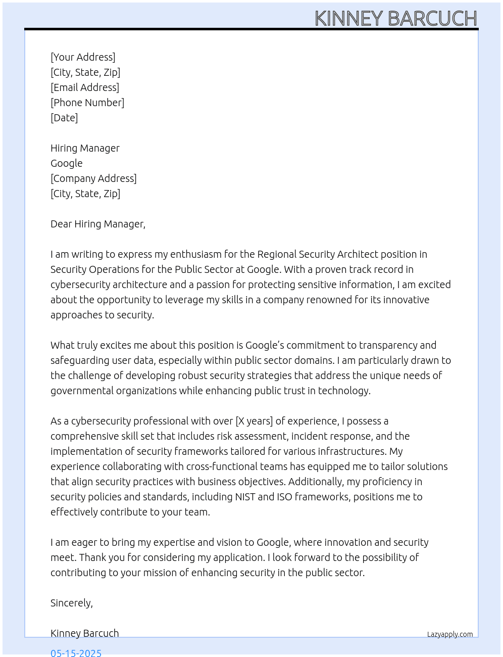 Cover letter for regional security architect, security operations, public sector - LazyApply