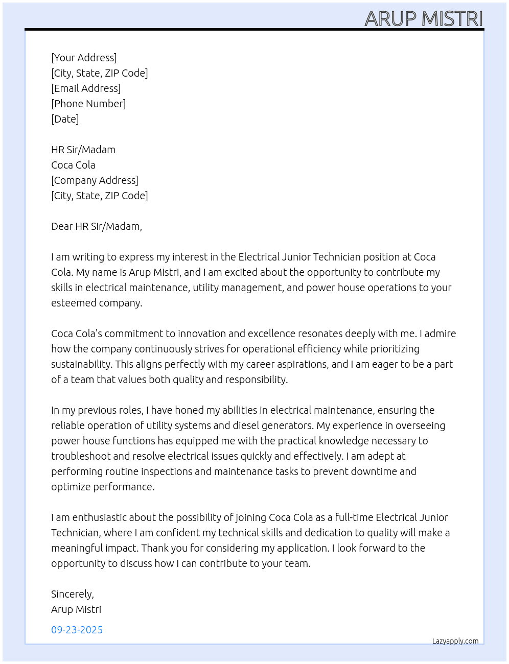 Cover letter for electrical junior technician - LazyApply