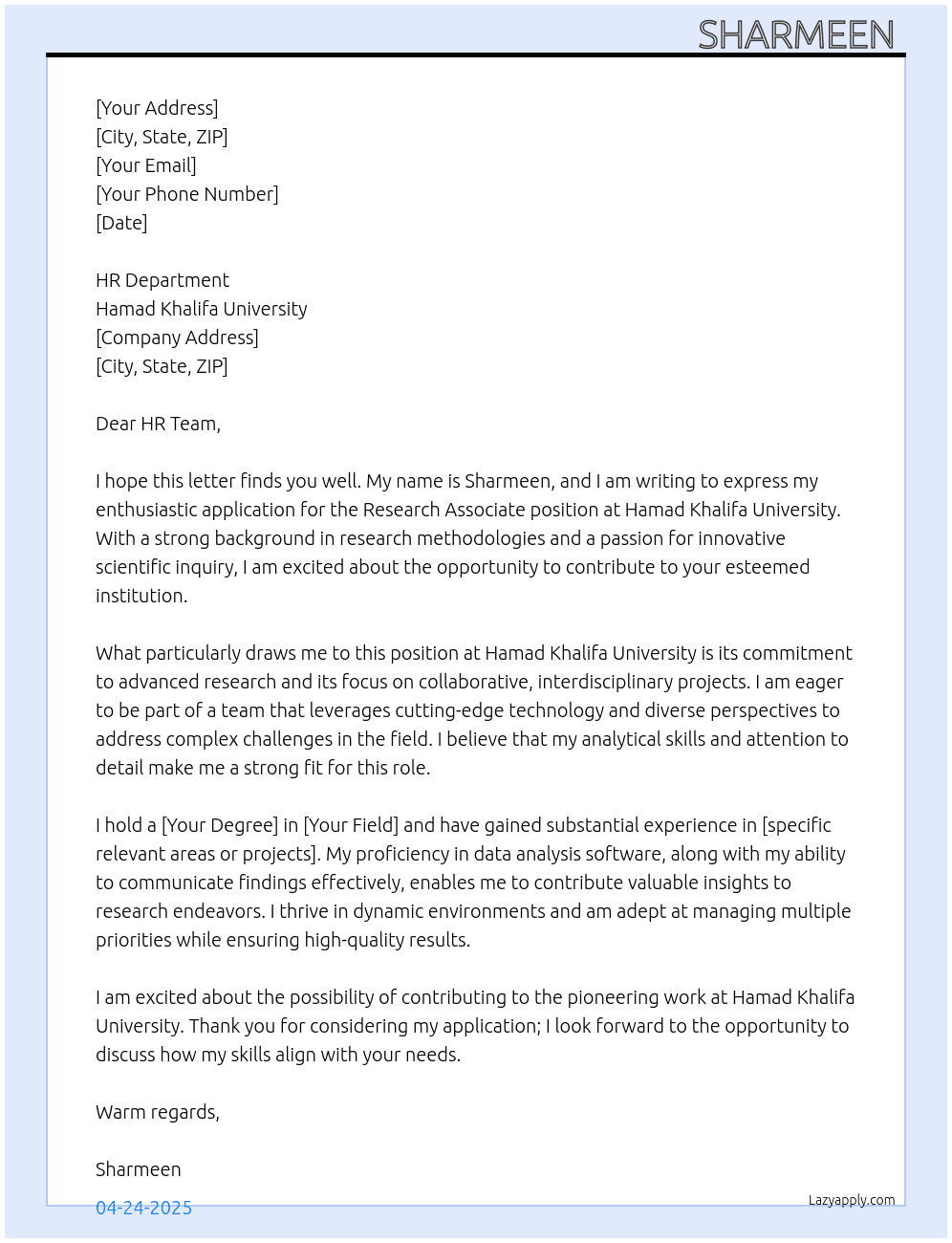 Research associate At hamad khalifa university Cover Letter