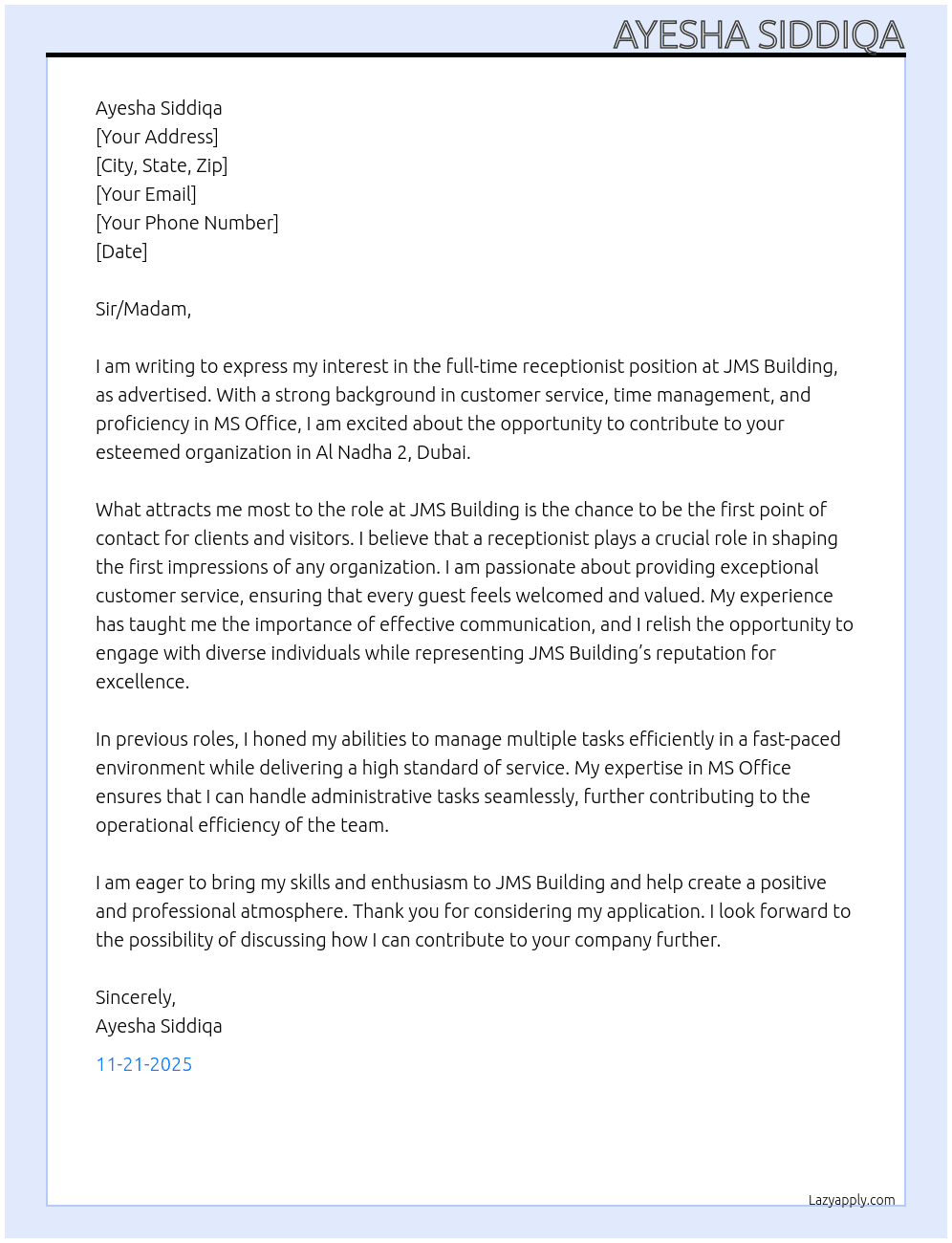 Cover letter for receptionst - LazyApply