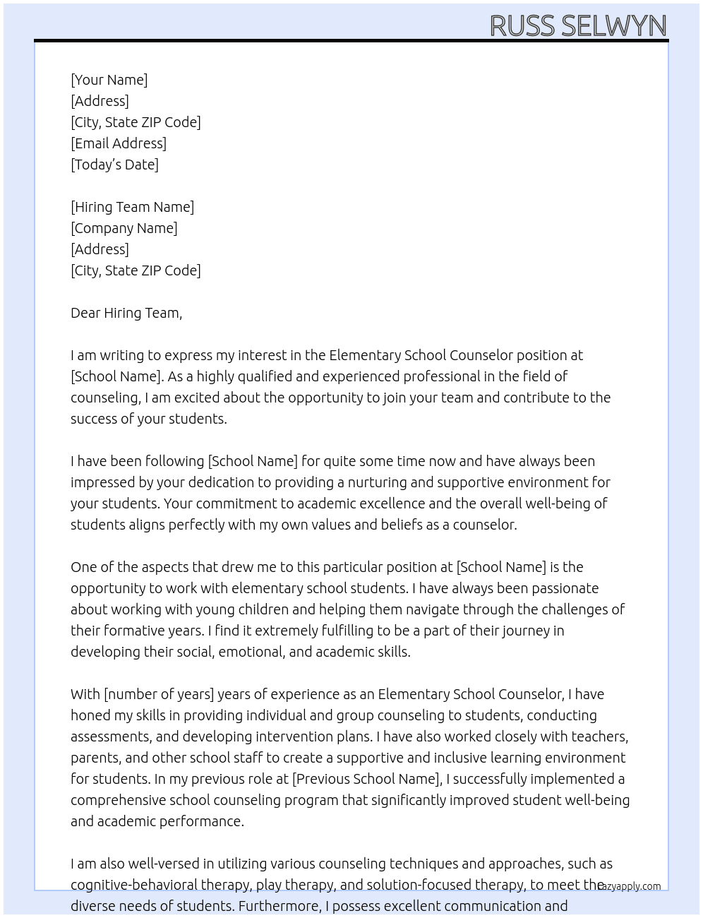 Elementary School Counselor At School Cover Letter