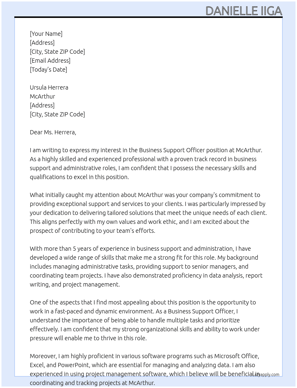 Business Support Officer At McArthur Cover Letter