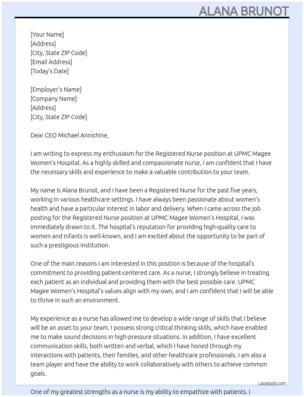 REGISTERED NURSE At UPMC MAGEE WOMEN’S HOSPITAL Cover Letter