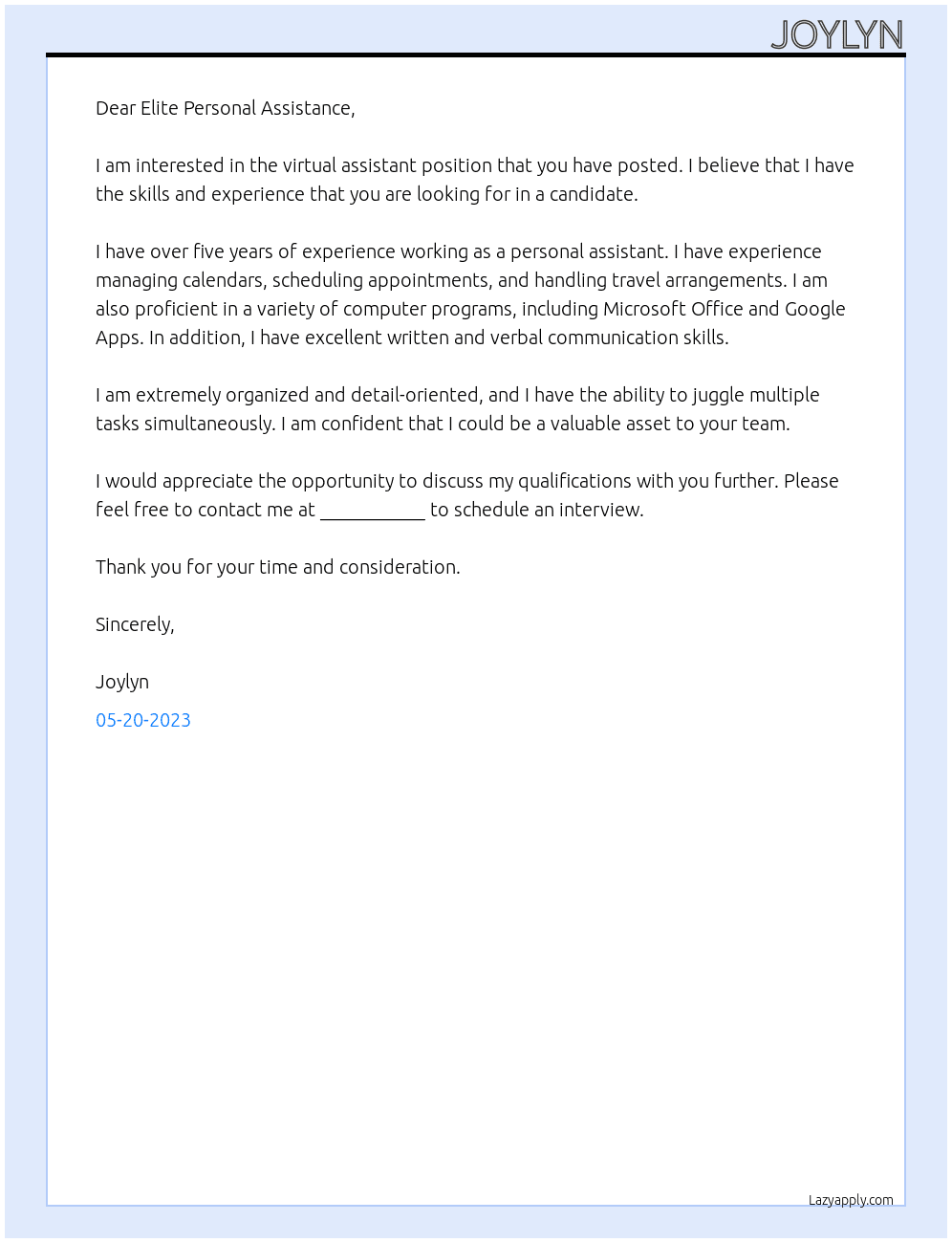 Virtual Assistant At Elite personal assistance Cover Letter