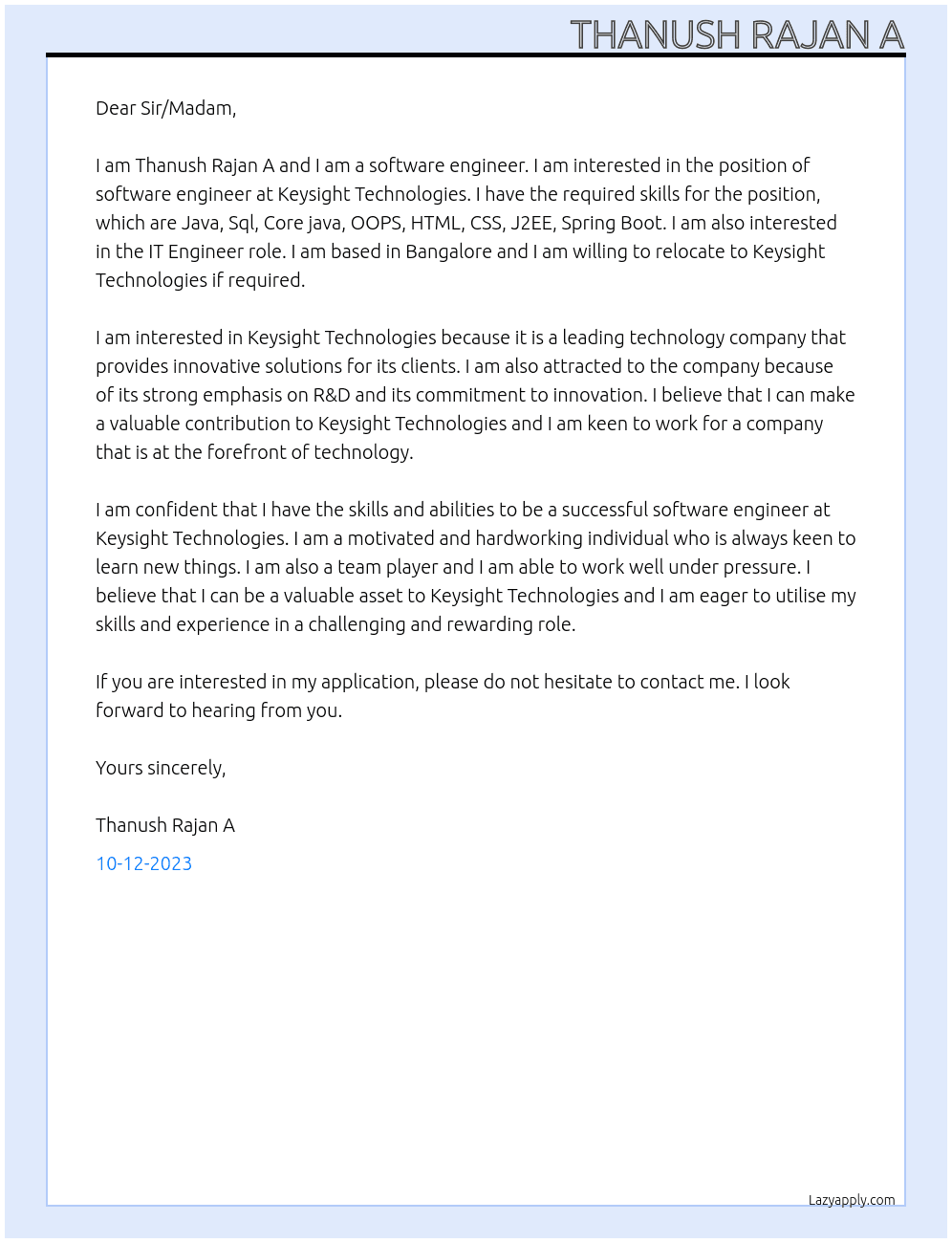 Software Engineer At Keysight Technologies Cover Letter