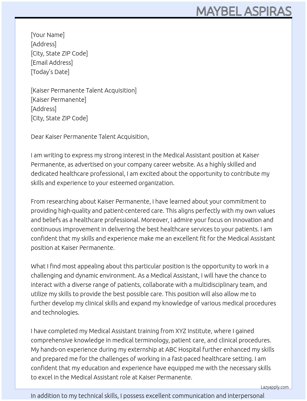 Medical Assistant At Kaiser Permanente Cover Letter