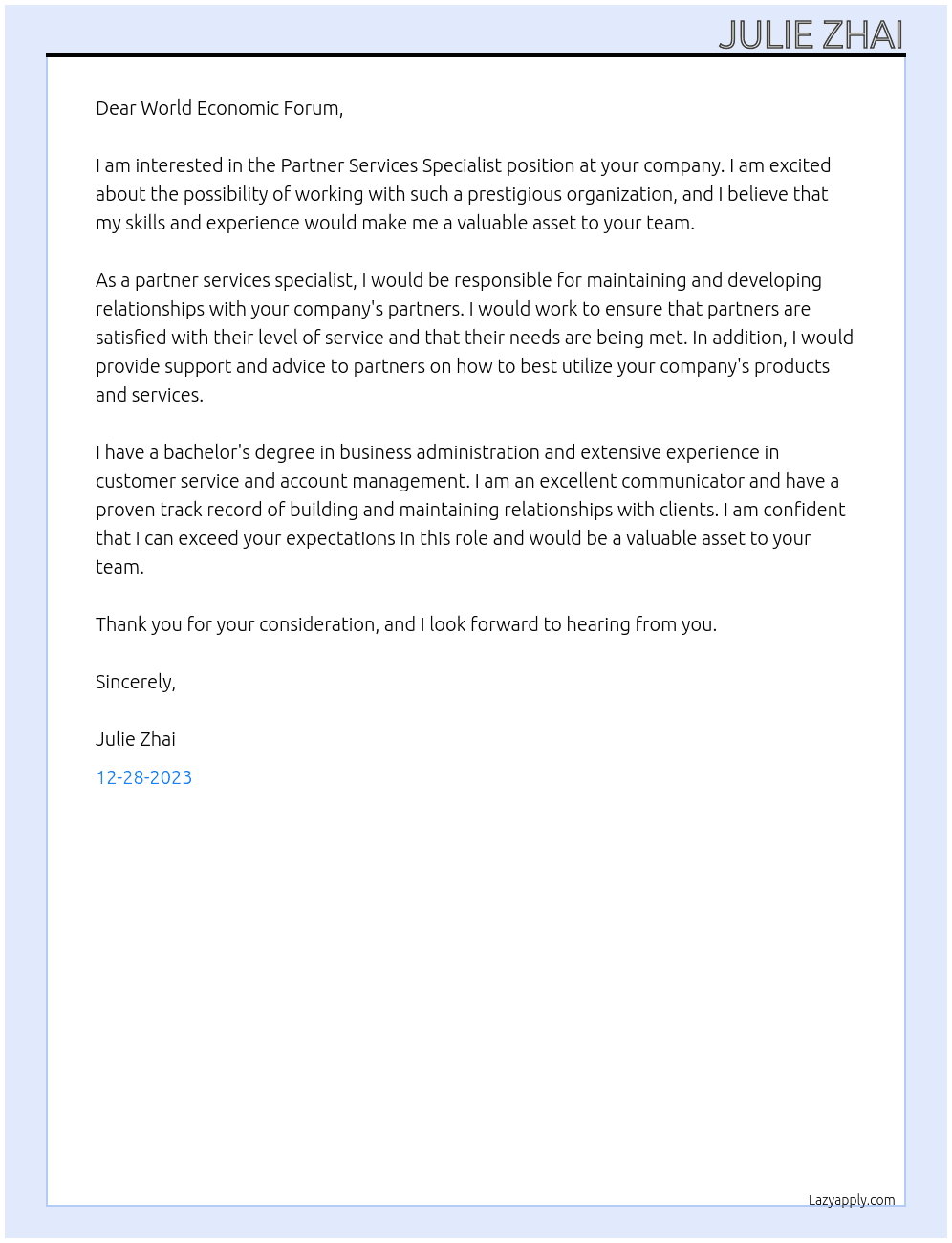 Partner Services Specialist At World Economic Forum Cover Letter