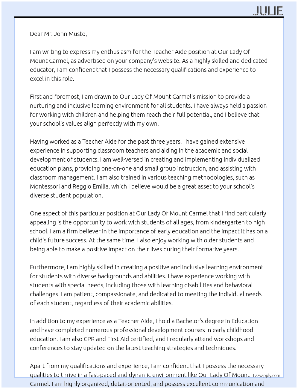 Teacher Aide At Our Lady Of Mount Carmel Cover Letter