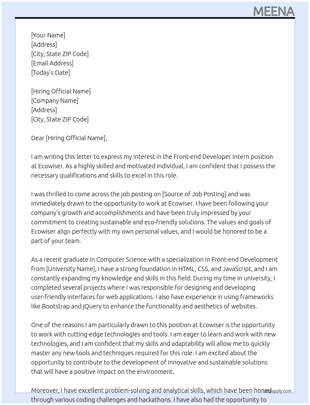 Front-end Developer Intern At Ecowiser Cover Letter