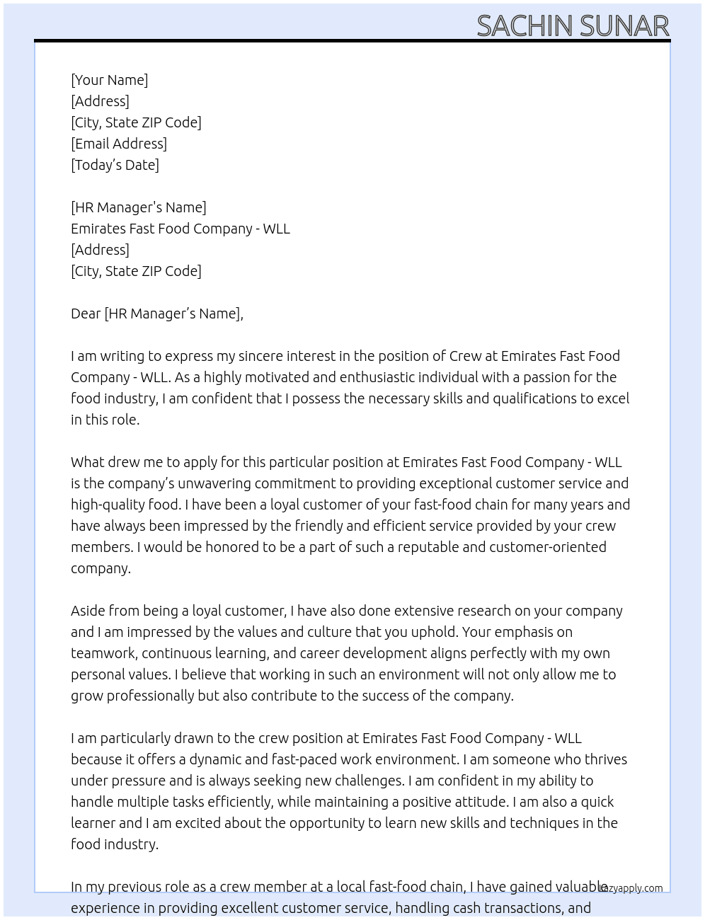 Crew At  EMIRATES FAST FOOD COMPANY - WLL Cover Letter