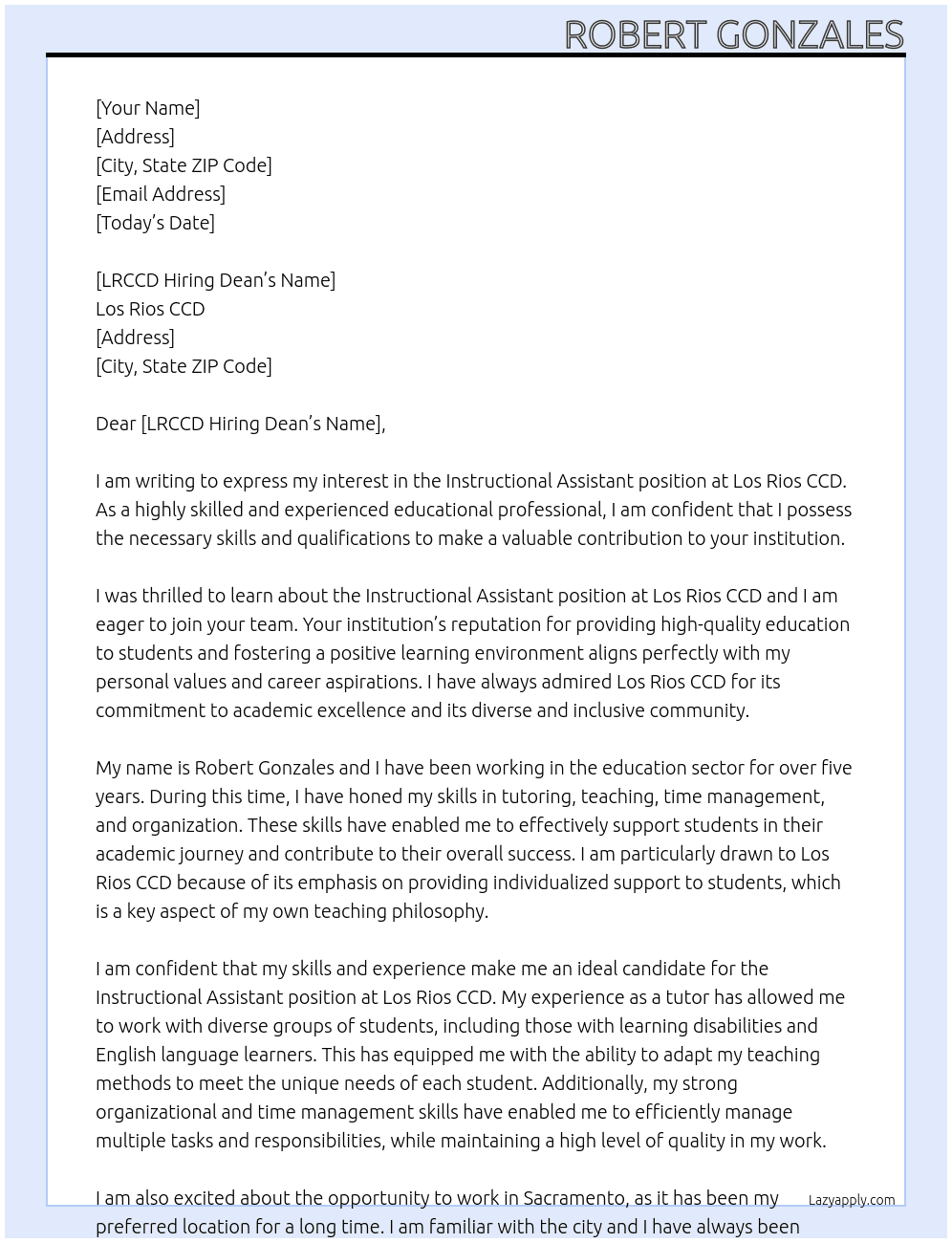 Instructional assistant At Los Rios CCD Cover Letter