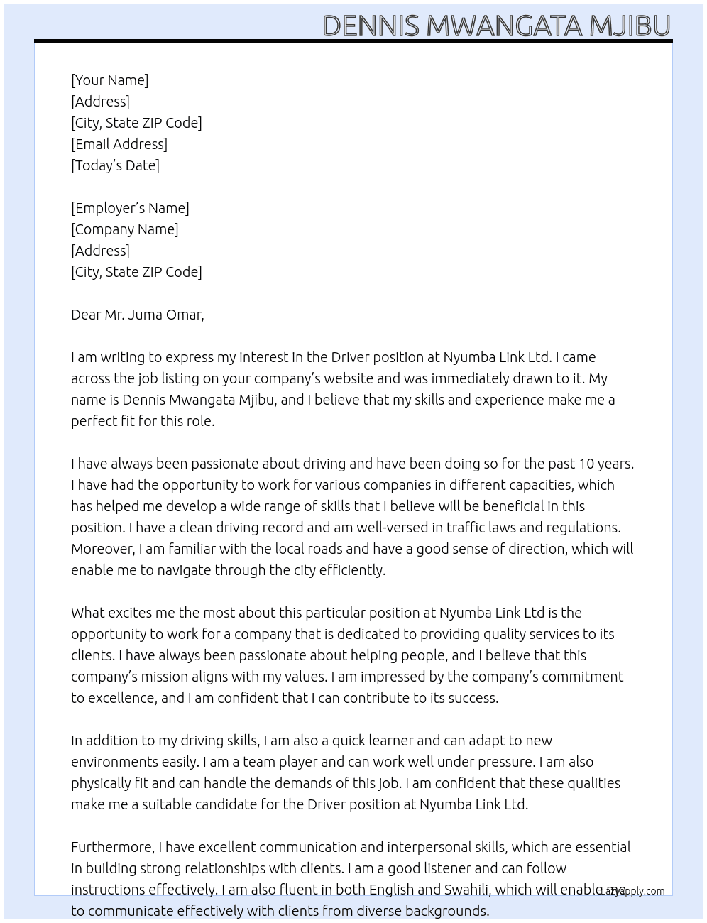 DRIVER At NYUMBA LINK LTD Cover Letter