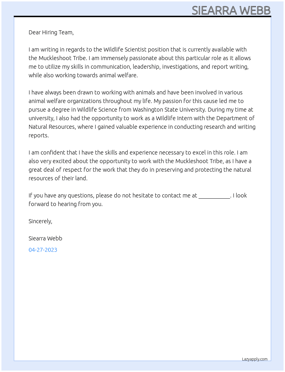 Wildlife Scientist At Muckleshoot Tribe Cover Letter