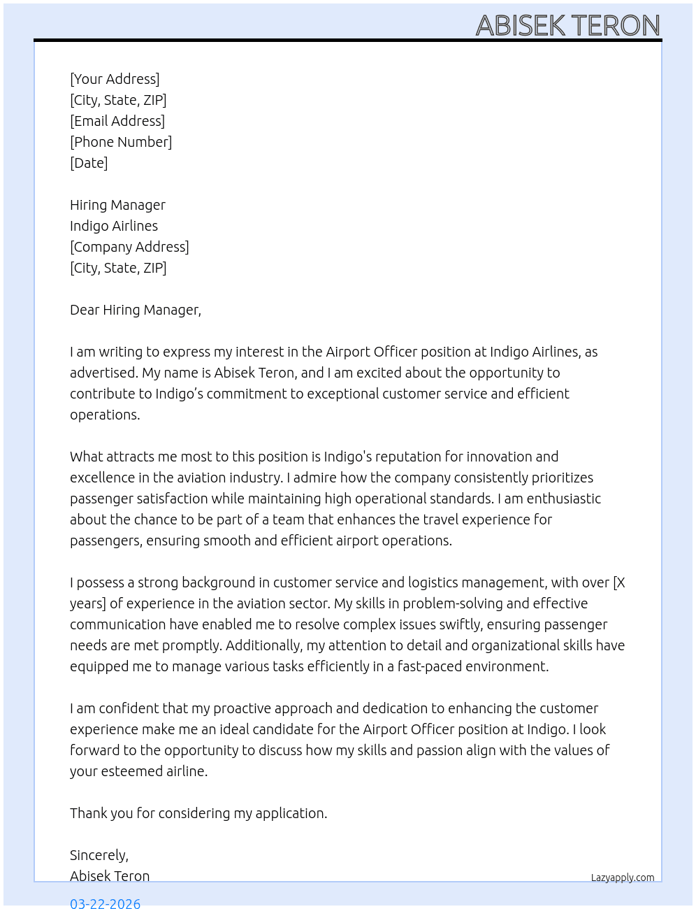 Cover letter for airport - LazyApply