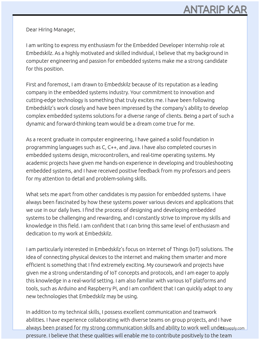 Embedded devloper  At Embedskilz  Cover Letter