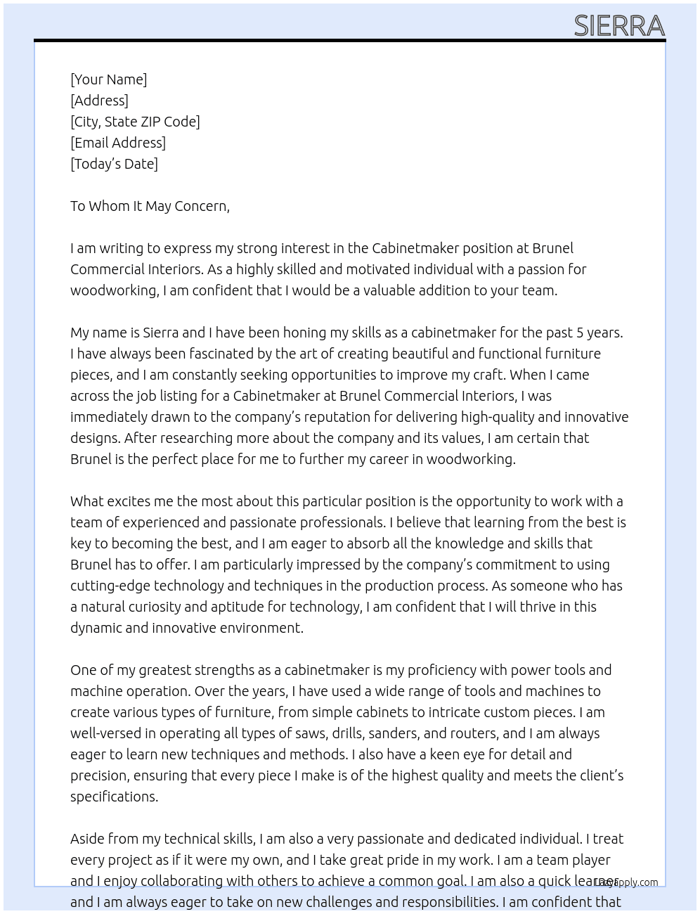 Cabinetmaker At Brunel Commerical Interiors Cover Letter