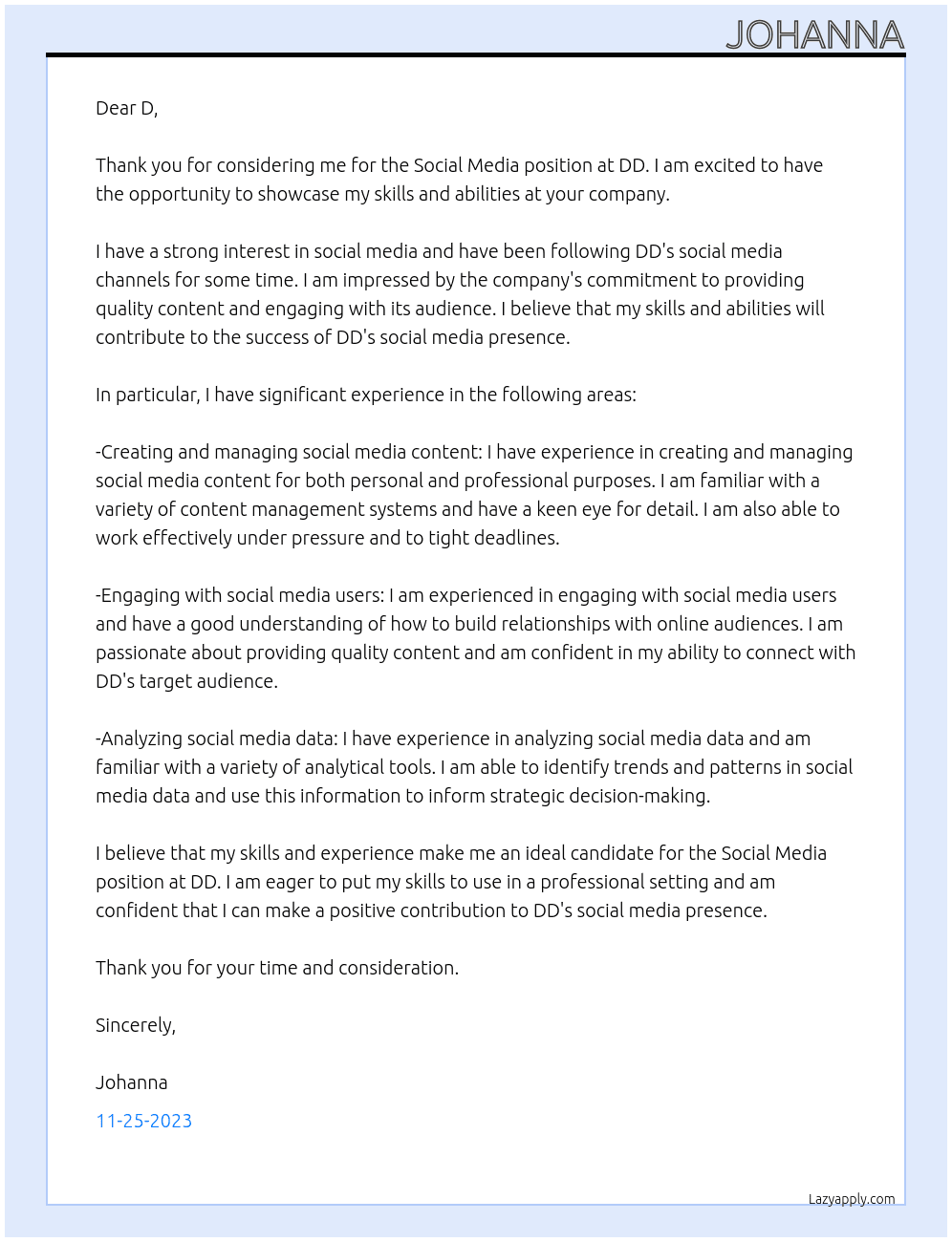 Social Media At DD Cover Letter