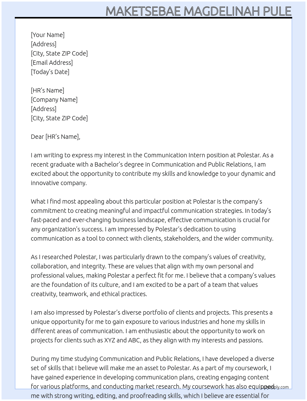 Communication intern At Polestar Cover Letter