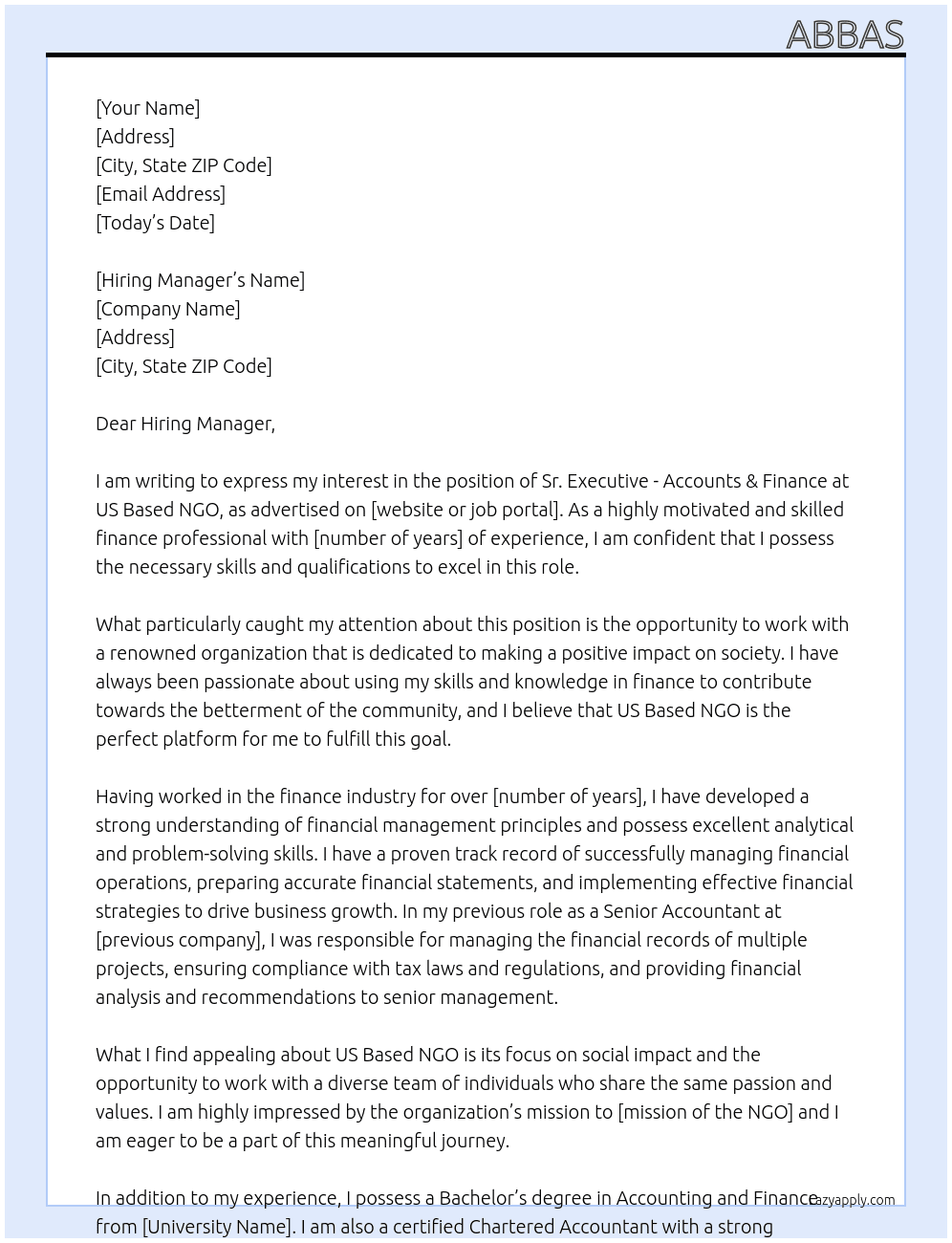 Sr. Executive - Accounts & Finance At US Based NGO Cover Letter