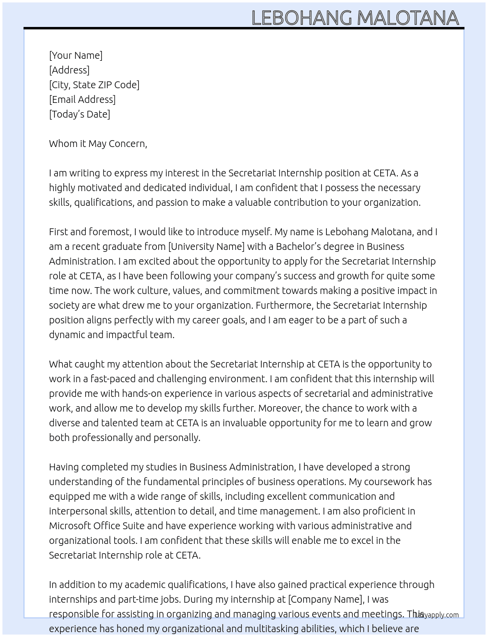 Secretariat internship  At CETA Cover Letter