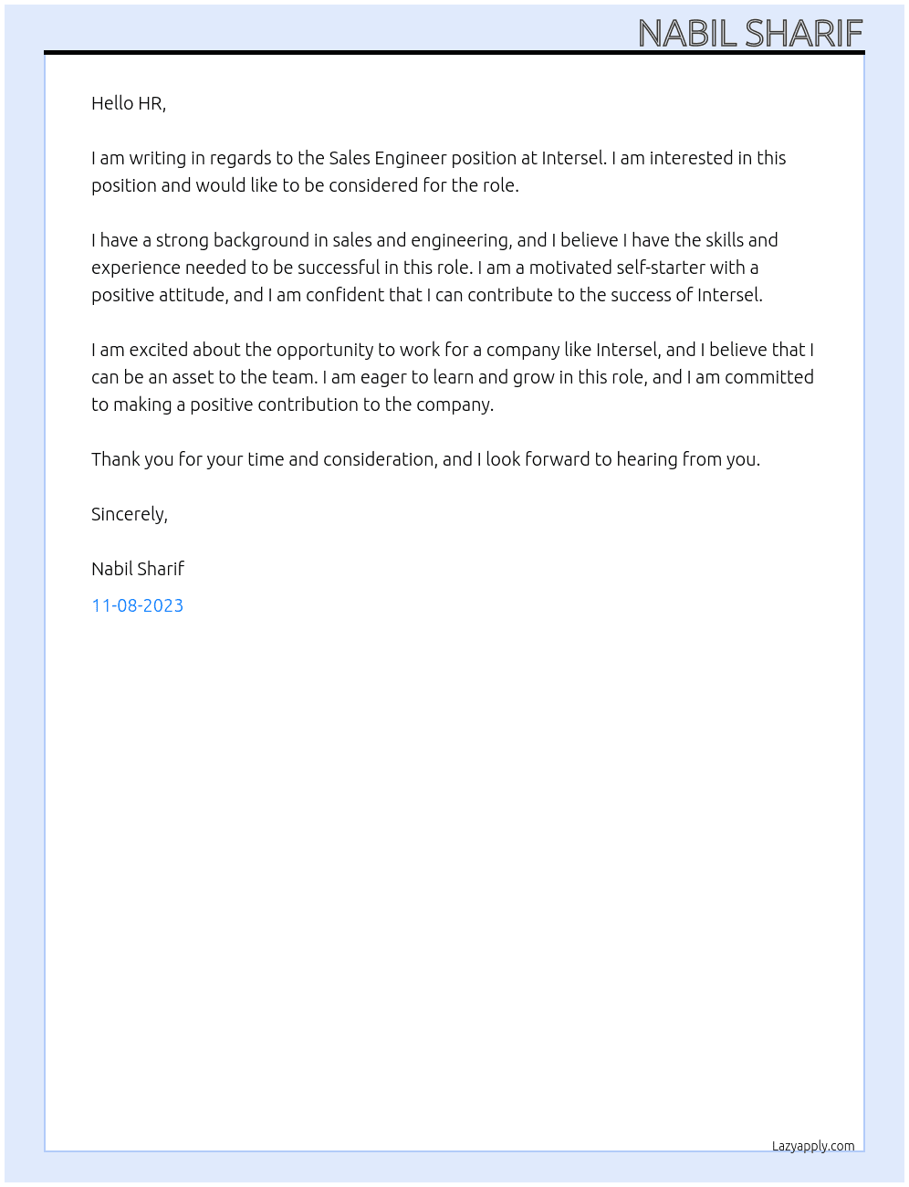 Sales Engineer At Intersel Cover Letter