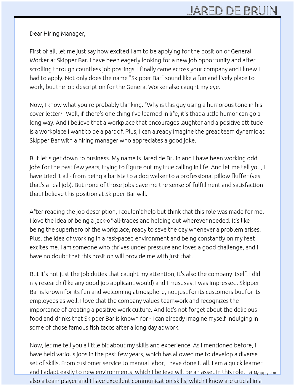 General worker  At Skipper bar Cover Letter