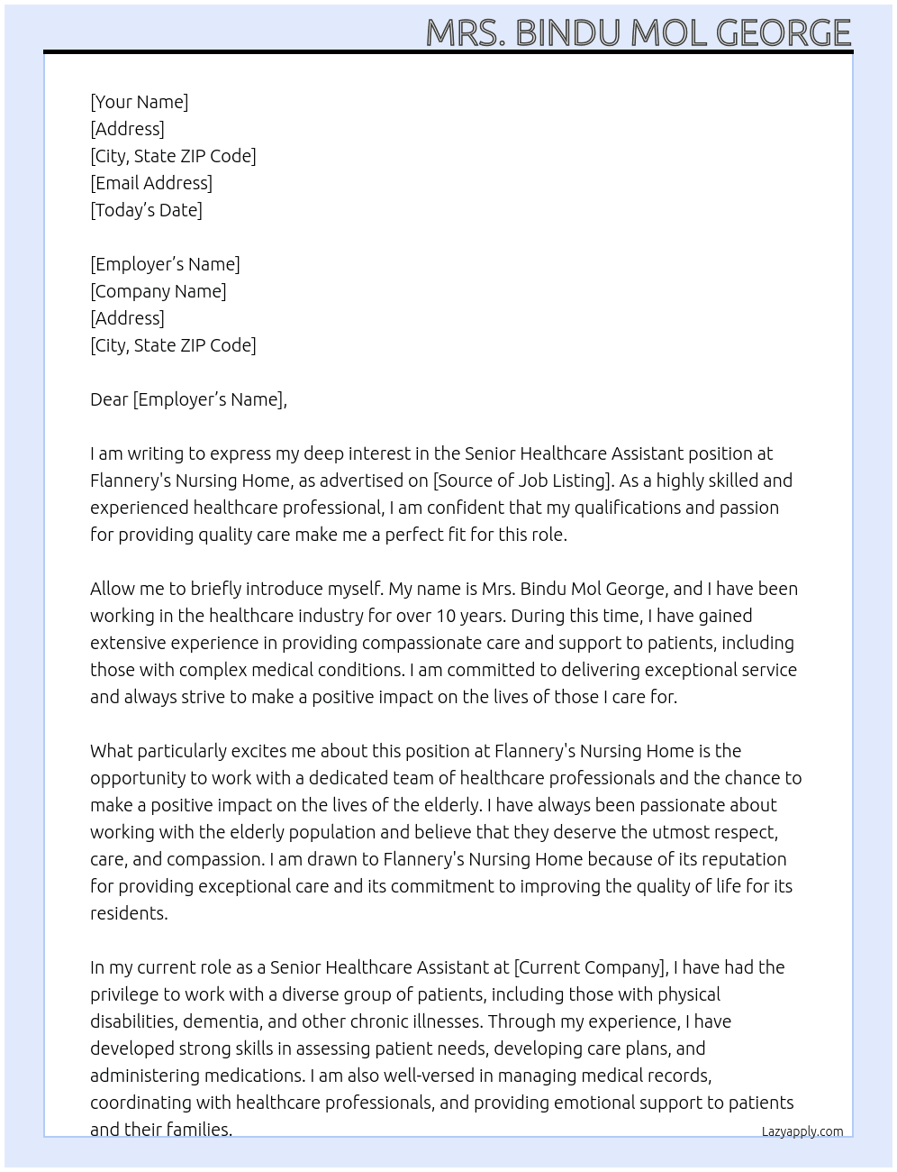 SENIOR HEALTHCARE ASSISTANT At FLANNERY'S NURSING HOME Cover Letter