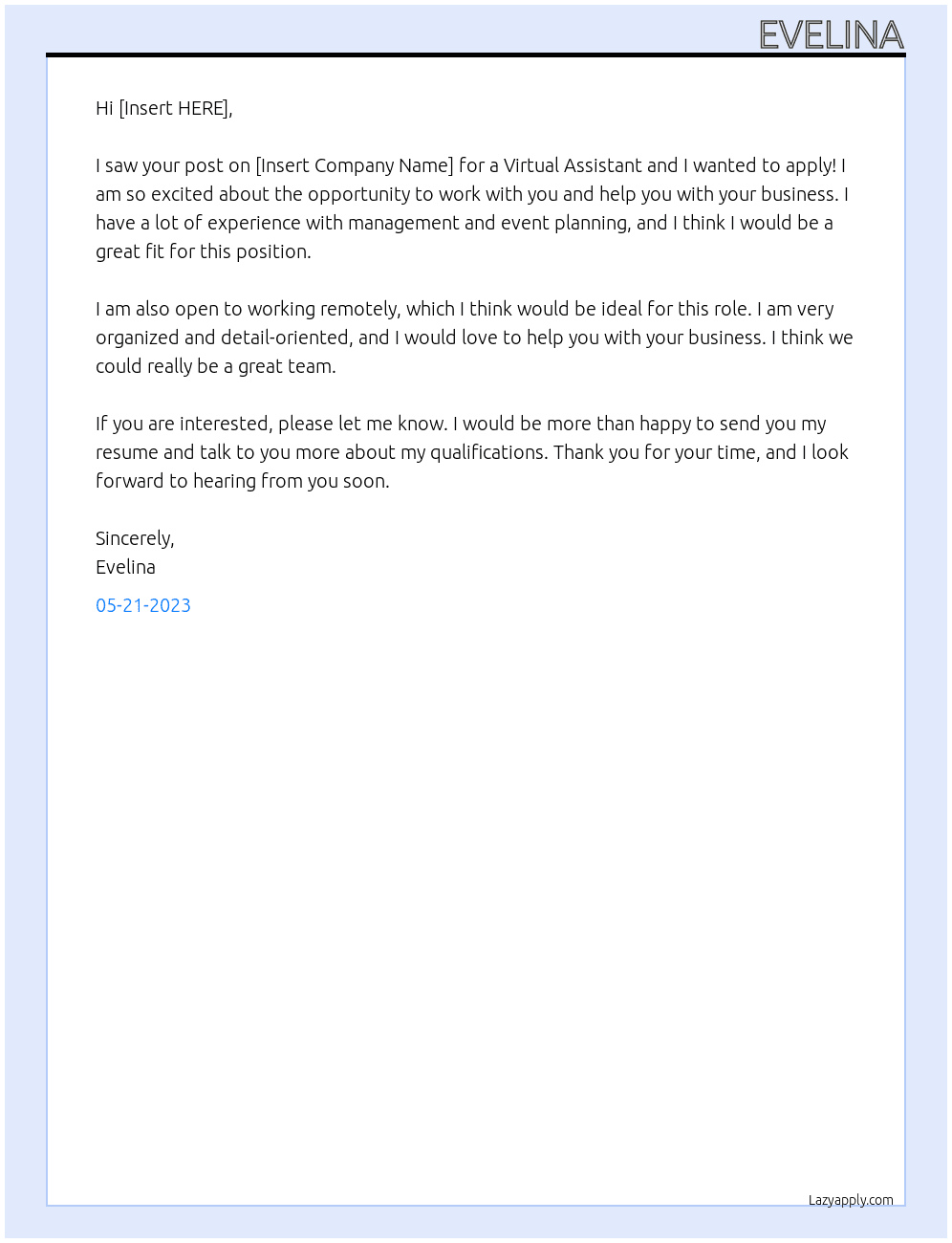 Virtual Assistant At [Insert HERE] Cover Letter